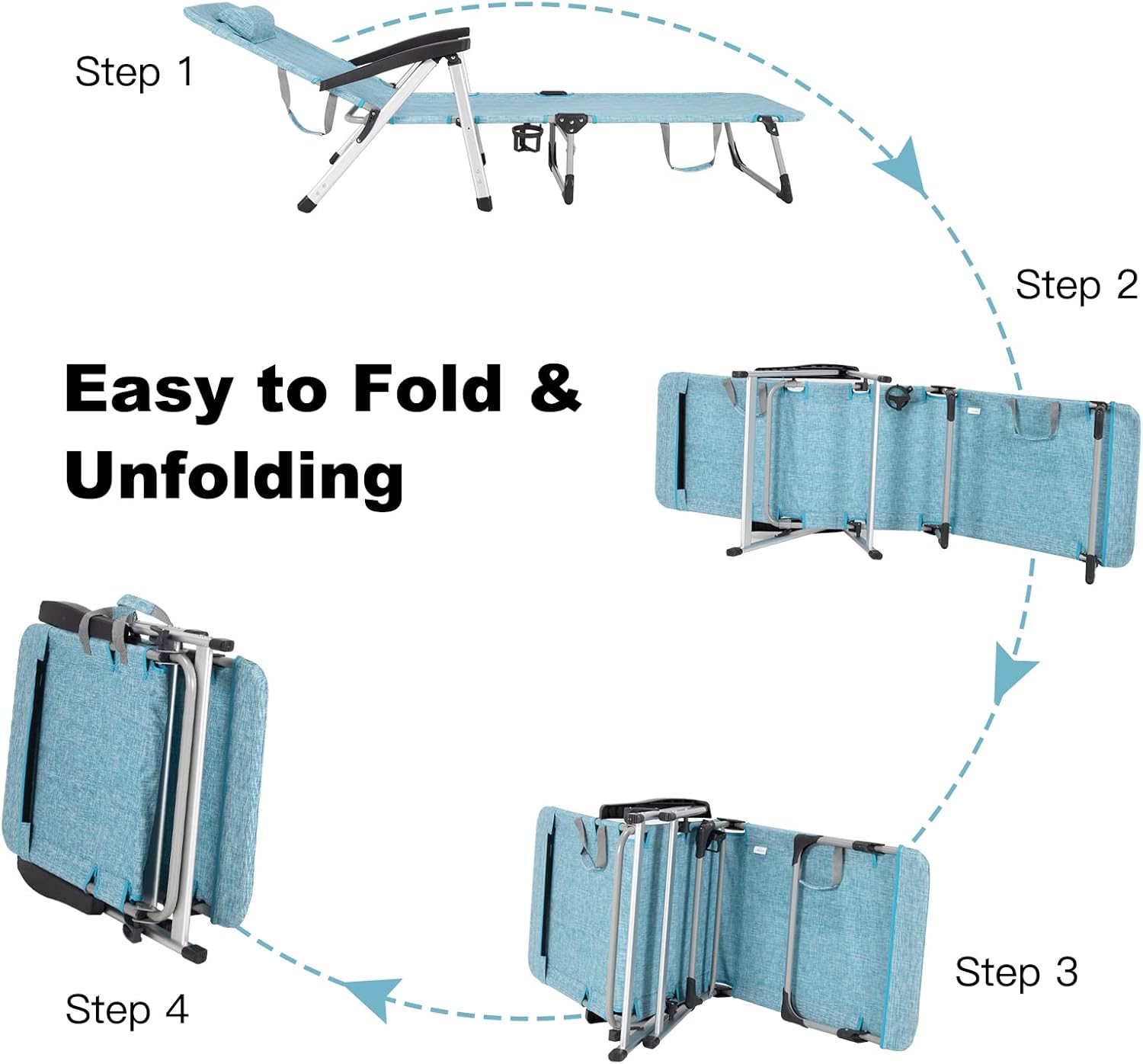 Folding Sun Lounger 7 Position Reclining Chair Cup Holder Blue