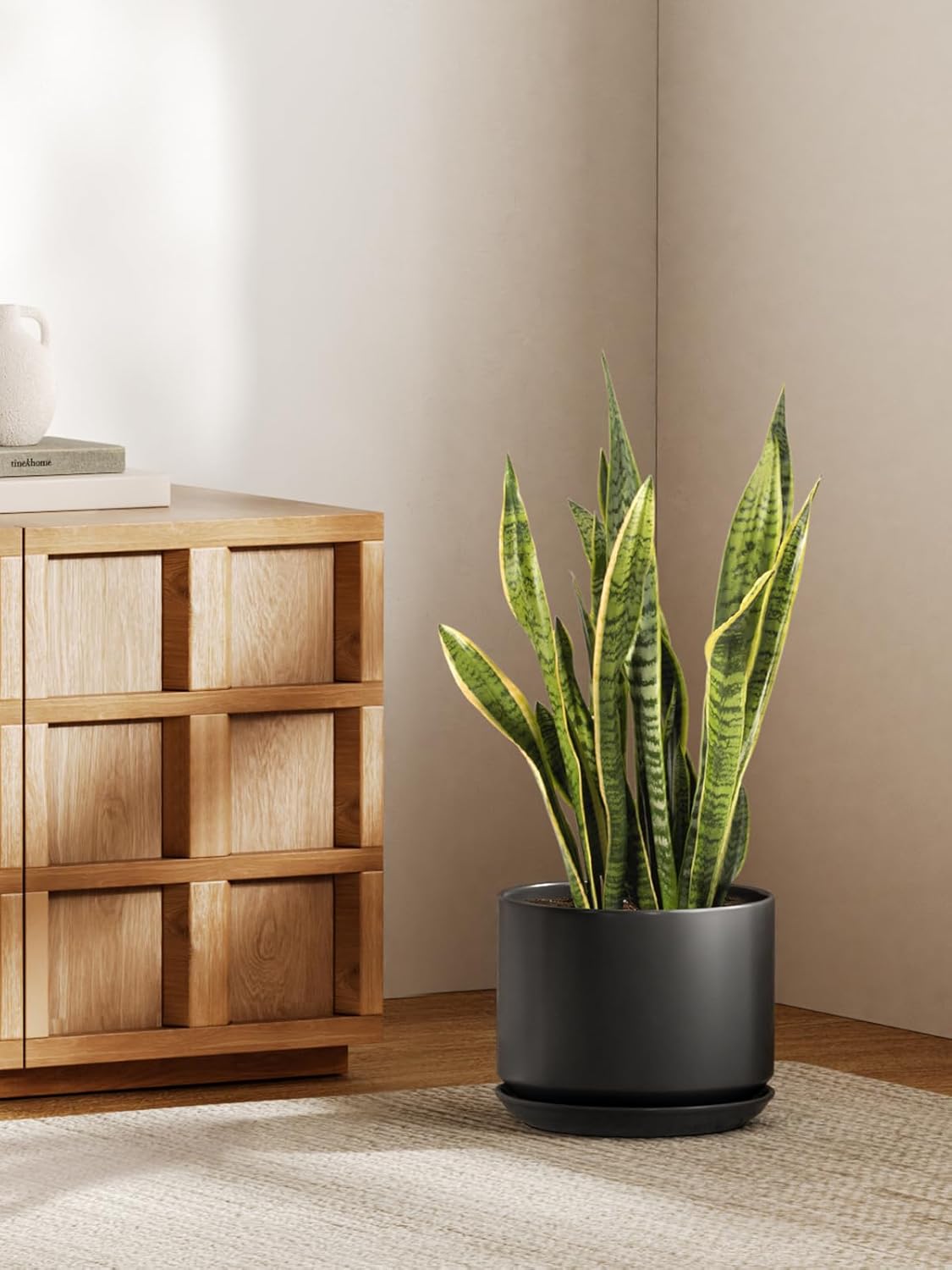 25cm Large Black Ceramic Plant Pot with Saucer Modern