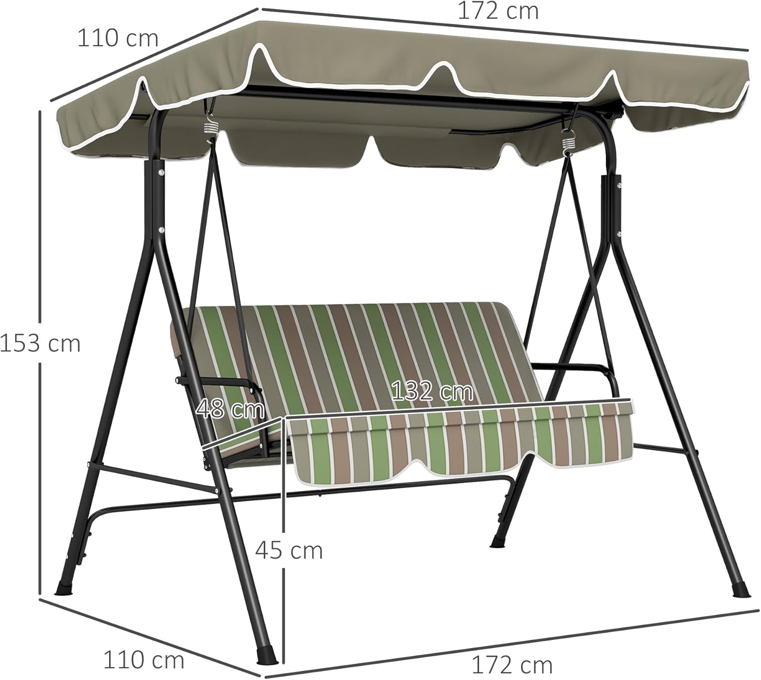 3 Seater Garden Swing Chair with Canopy Green Grey