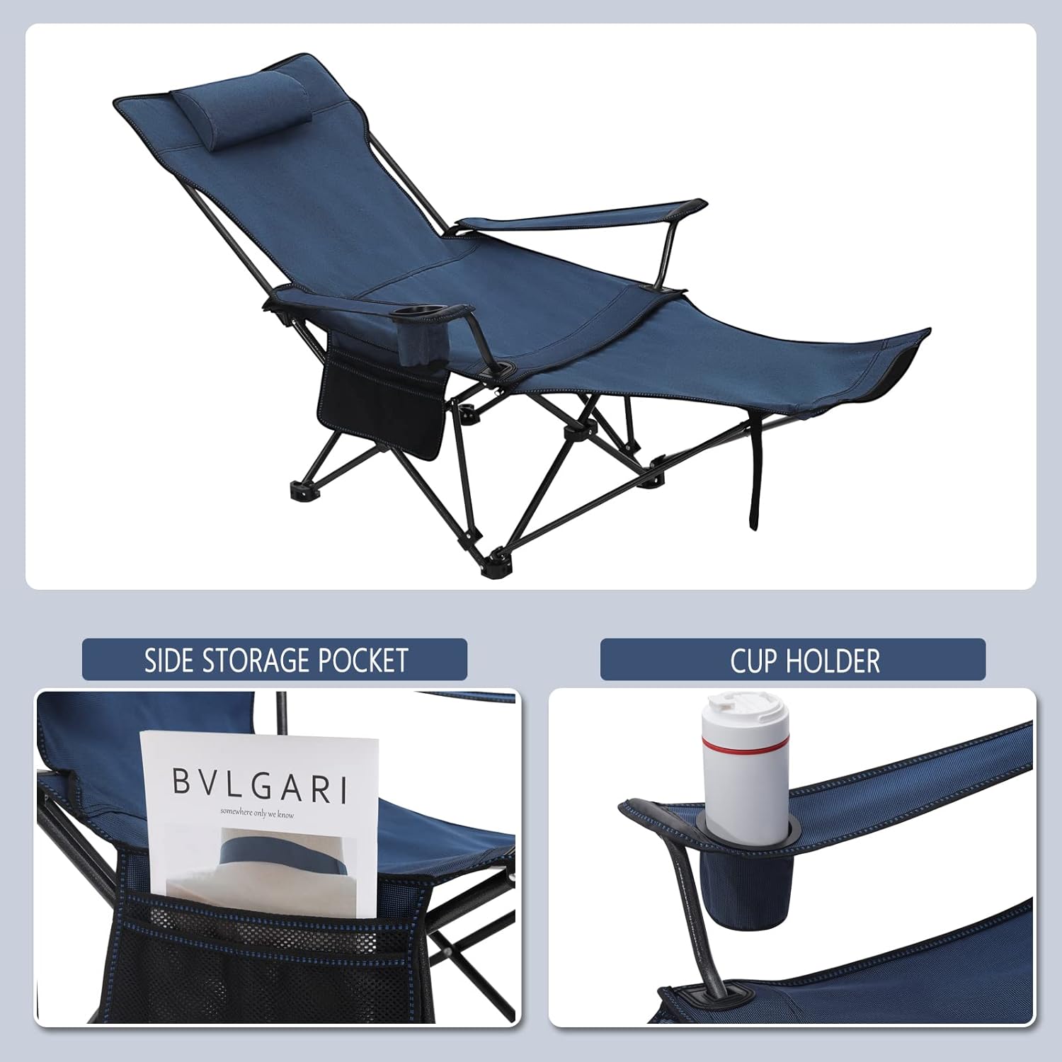 Reclining Camping Chair with Footrest Folding Seat Blue