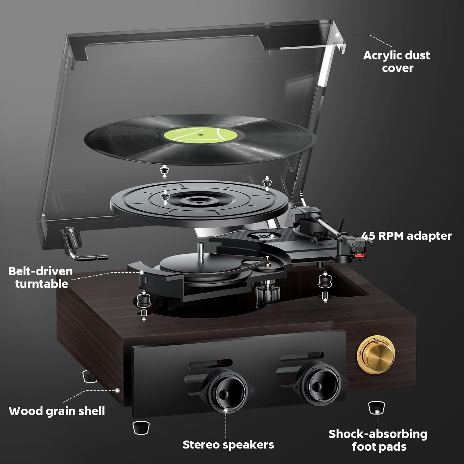 Bluetooth Vinyl Record Player Turntable with Speakers 3-Speed Belt Drive