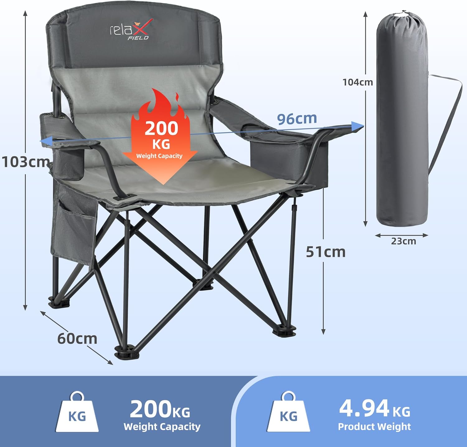 Oversized Camping Chair Heavy Duty Folding 200KG Cup Holder Cooler Grey