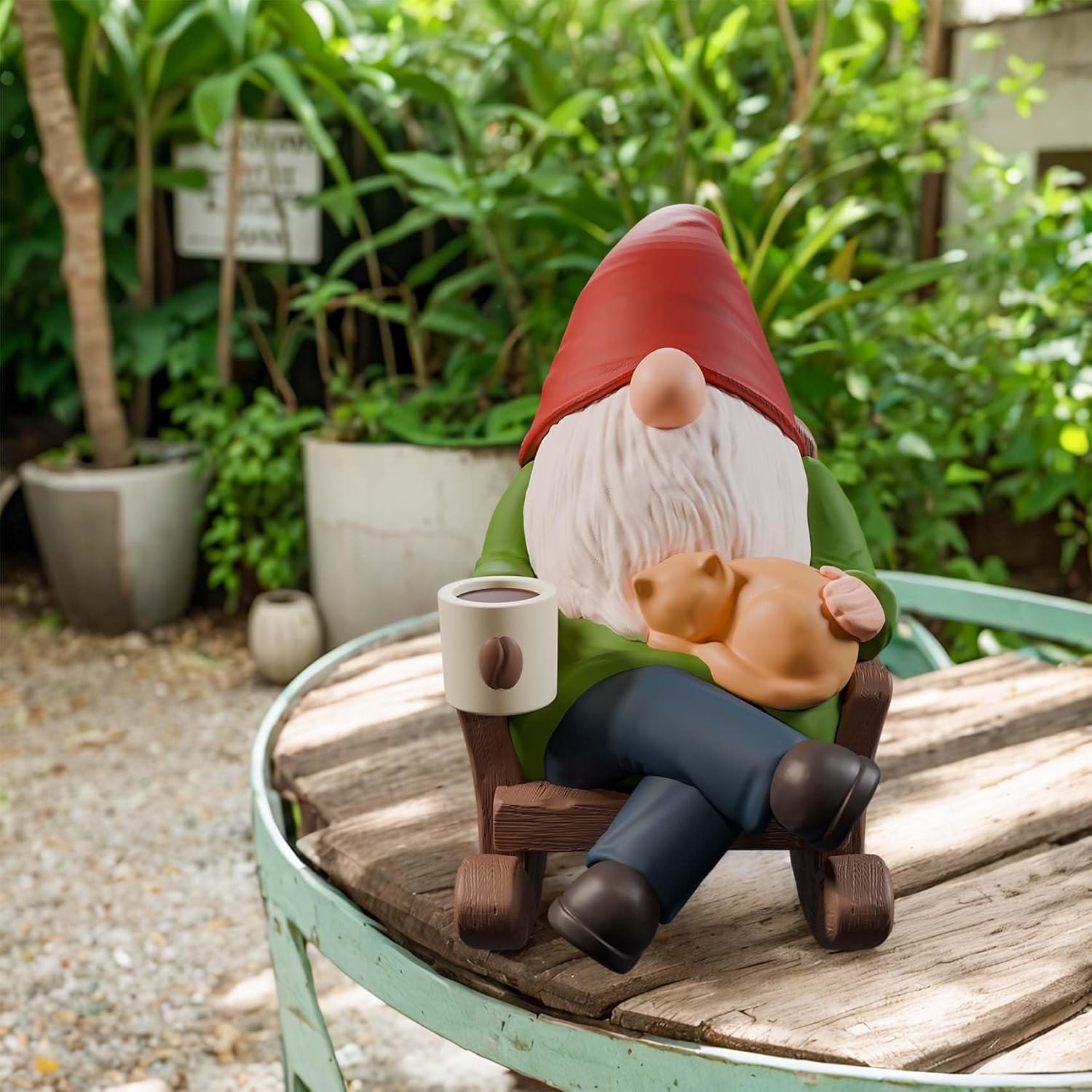Funny Garden Gnome Statue Rocking Chair Coffee Outdoor Decor