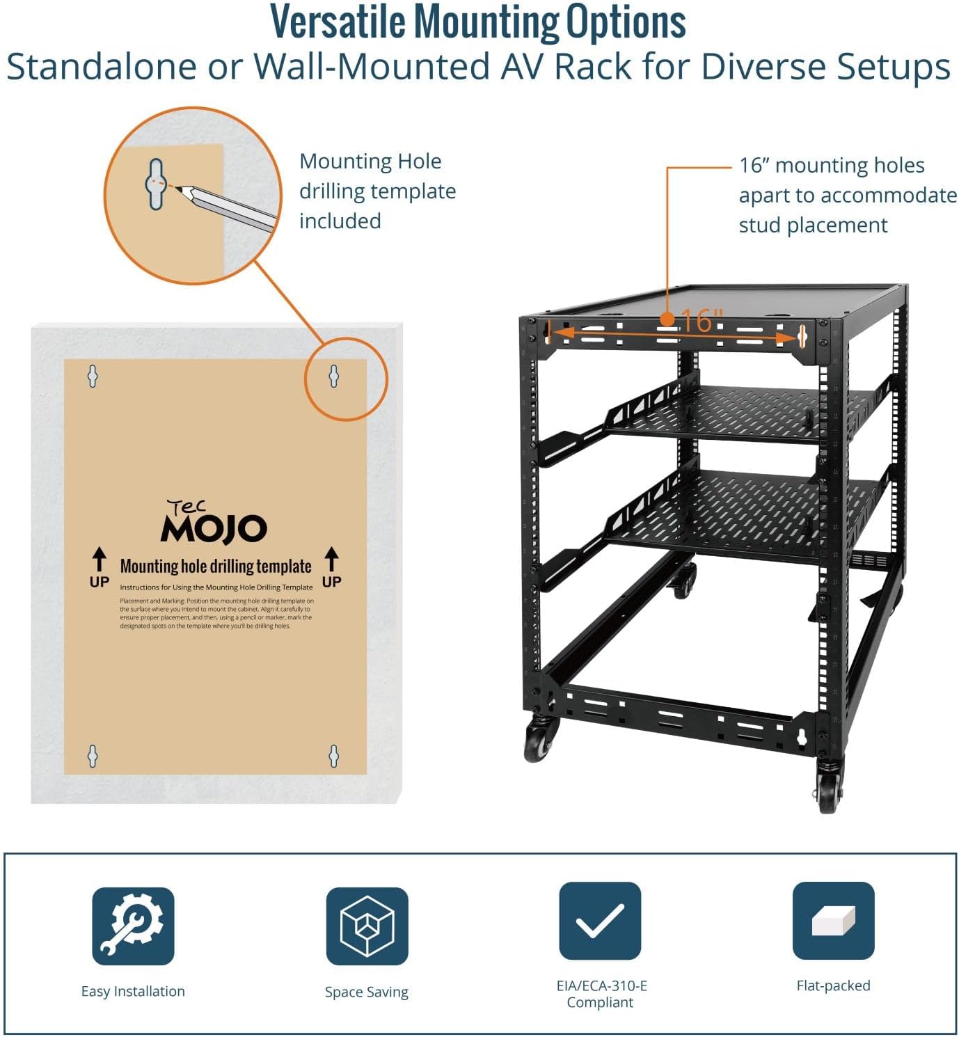 16U Open Frame Mobile Server Rack 4 Post Black