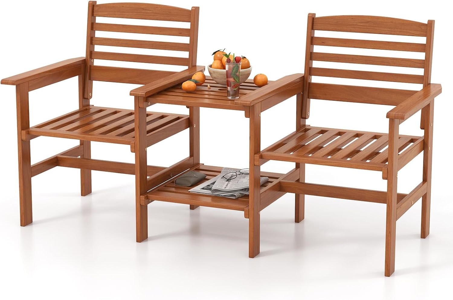 2 Seater Wooden Garden Loveseat Bench w/Table & Umbrella Hole