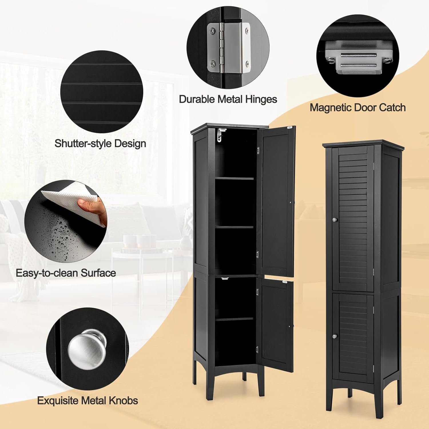 Tall Slim Storage Cabinet Black 5 Tier 2 Door Cupboard