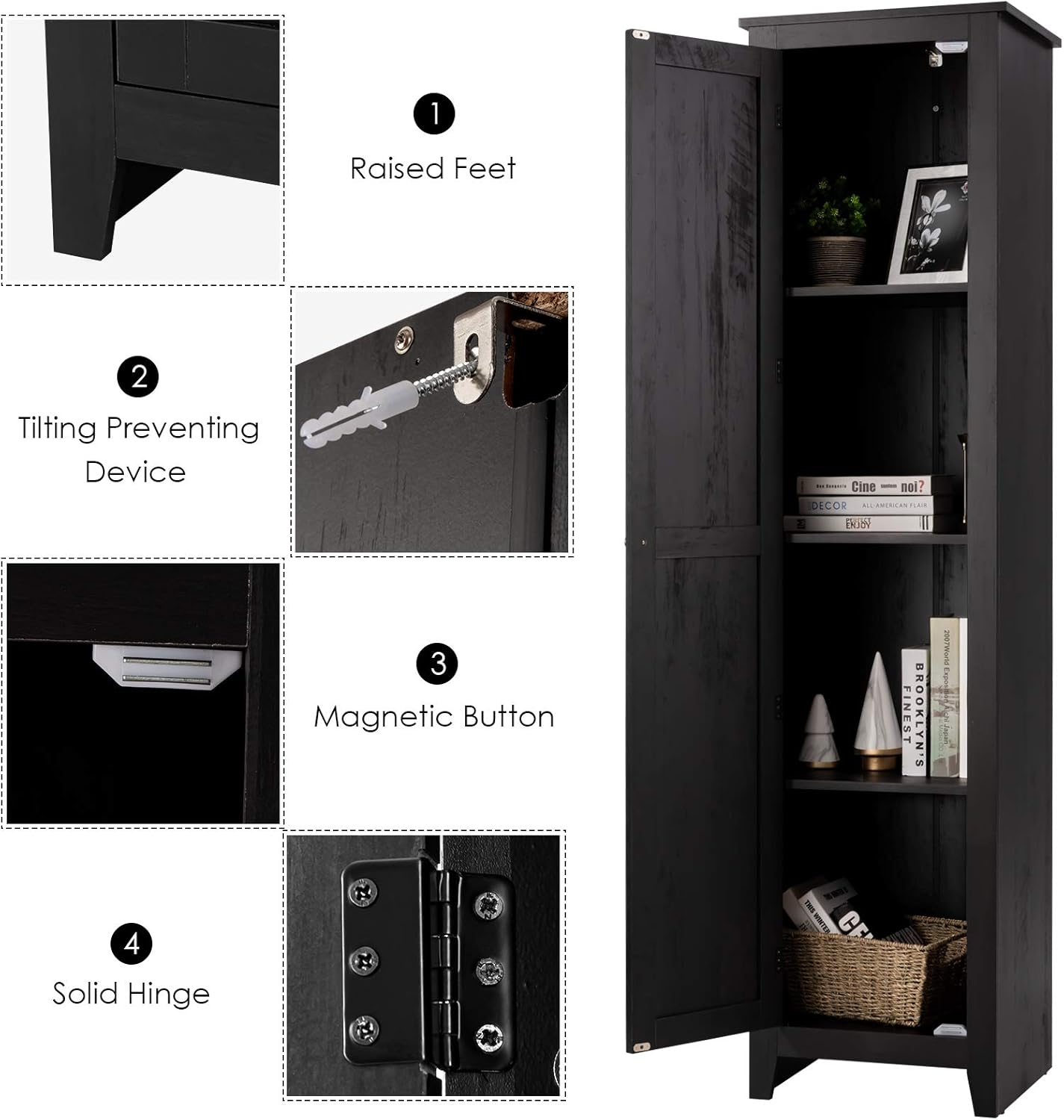 Tall Storage Cabinet Black 4 Shelf Single Door Unit