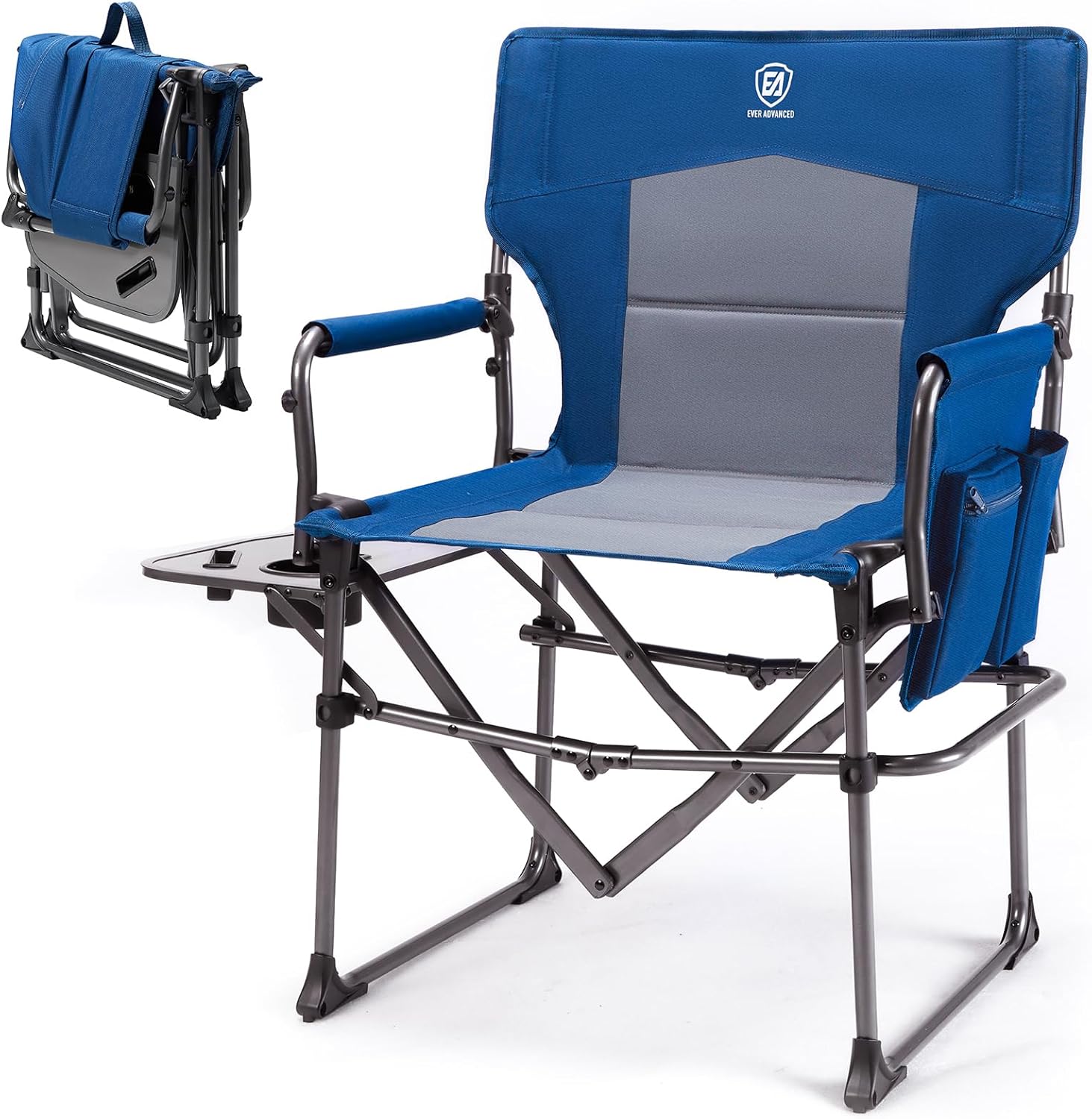Heavy Duty Folding Directors Chair 180kg Side Table Blue