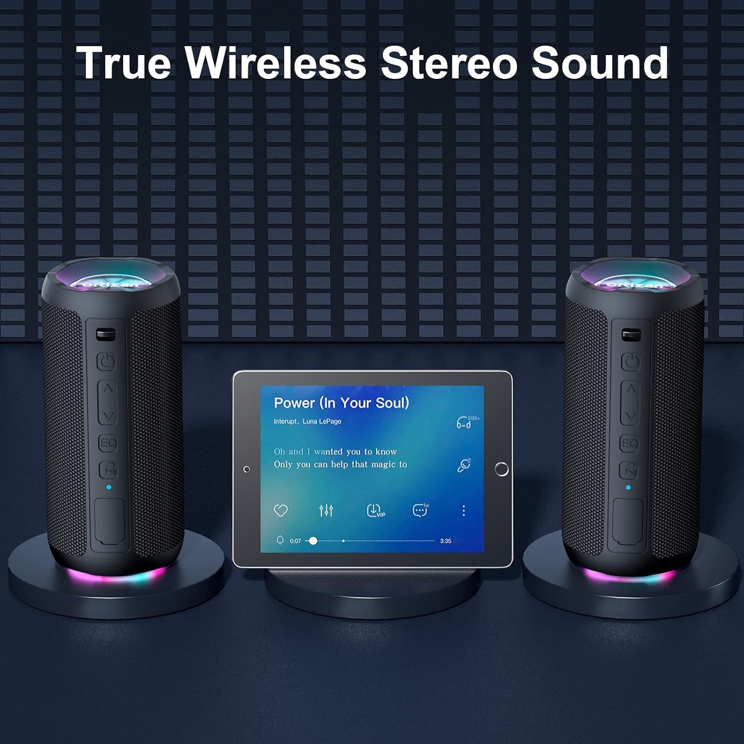 Portable Bluetooth Speaker 24W Loud Bass LED Lights IPX7 Waterproof 30H