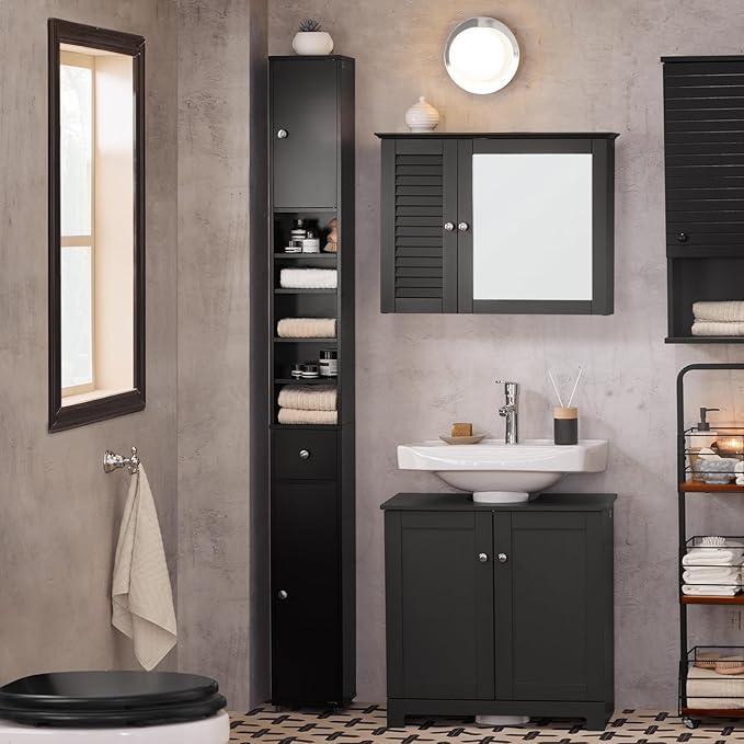 Tall Slim Bathroom Storage Cabinet 20cm Black Drawer 180cm