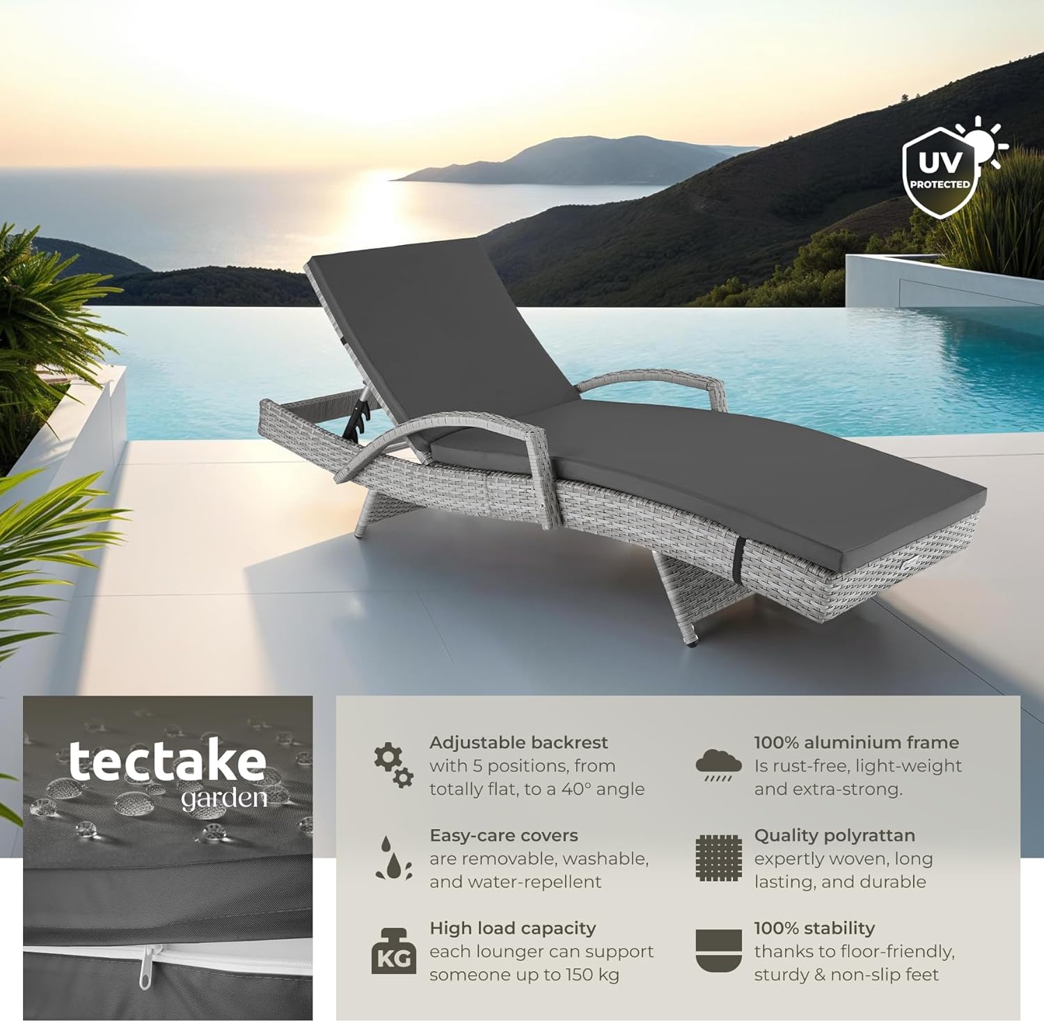 Rattan Sun Lounger 5 Position Recliner Cushion Light Grey