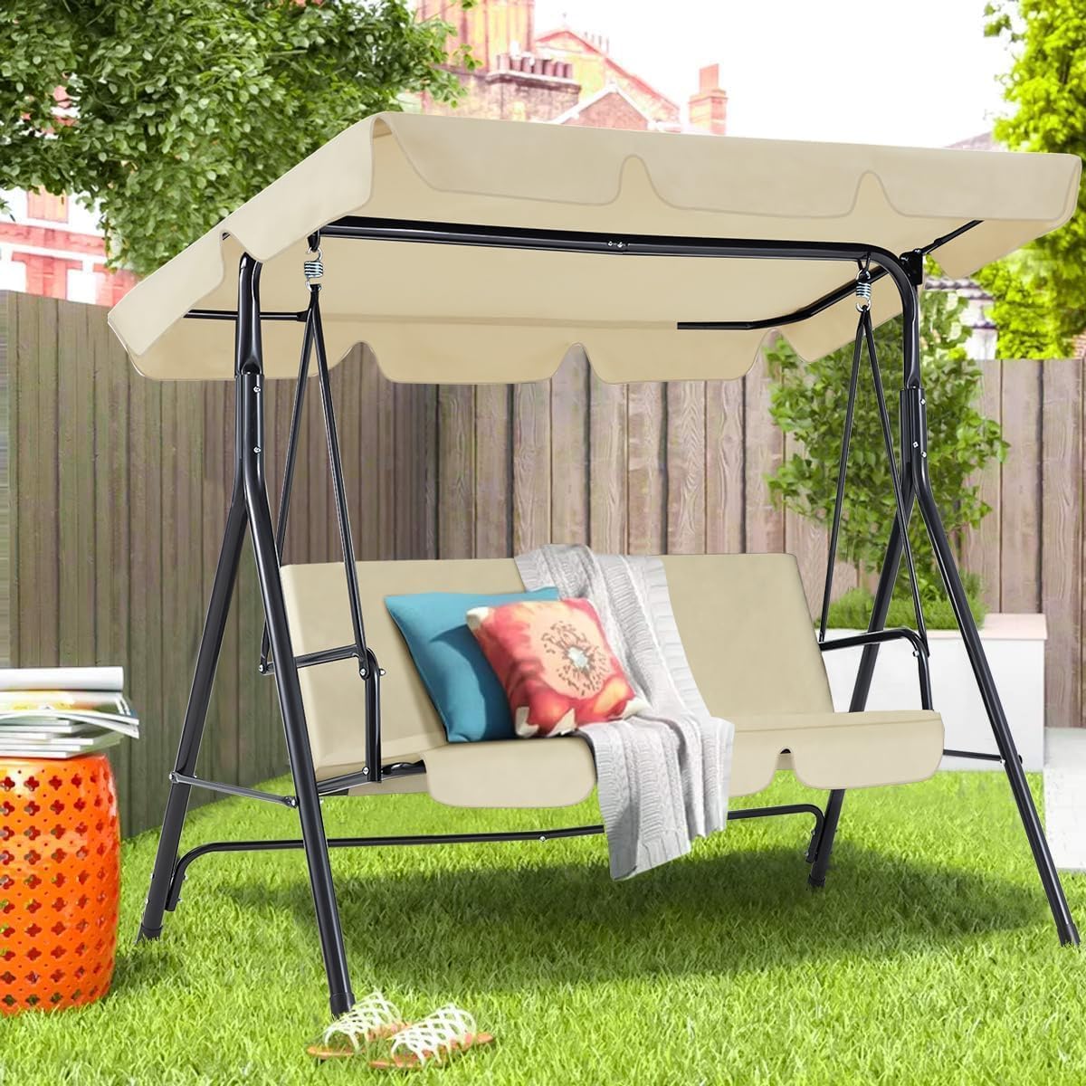 3 Seater Garden Swing Chair with Adjustable Canopy Beige