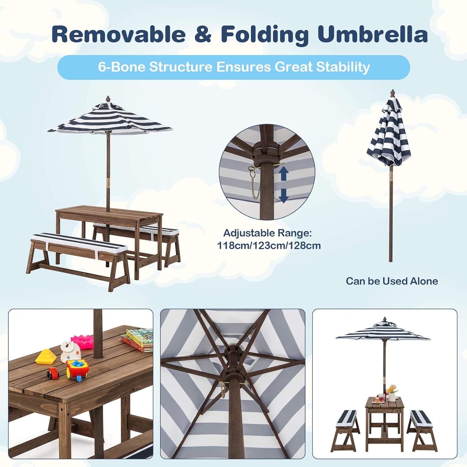 Kids Wooden Picnic Table Bench Set w/Umbrella Blue
