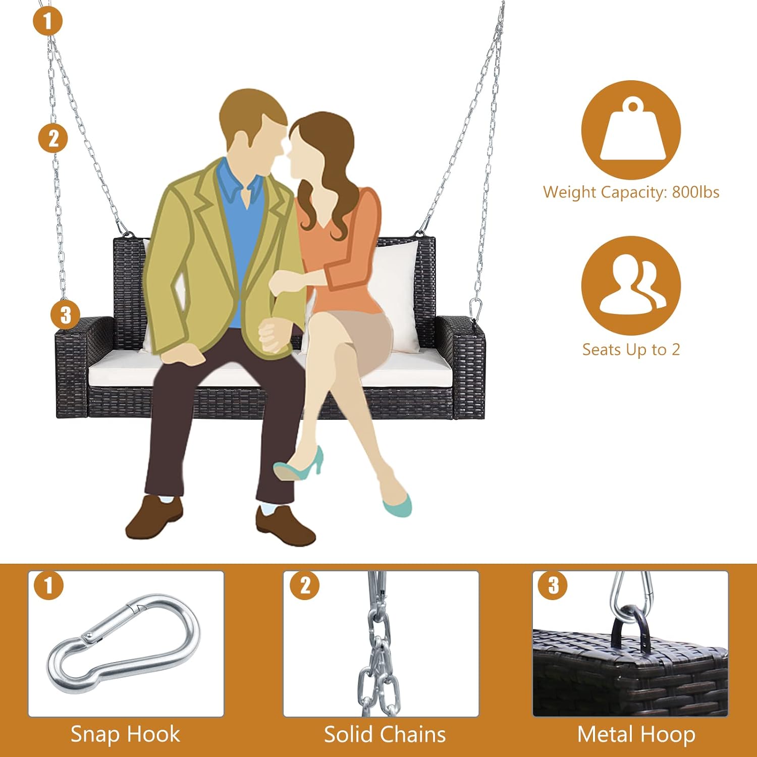 2 Person Rattan Swing Bench with Stand White Cushions