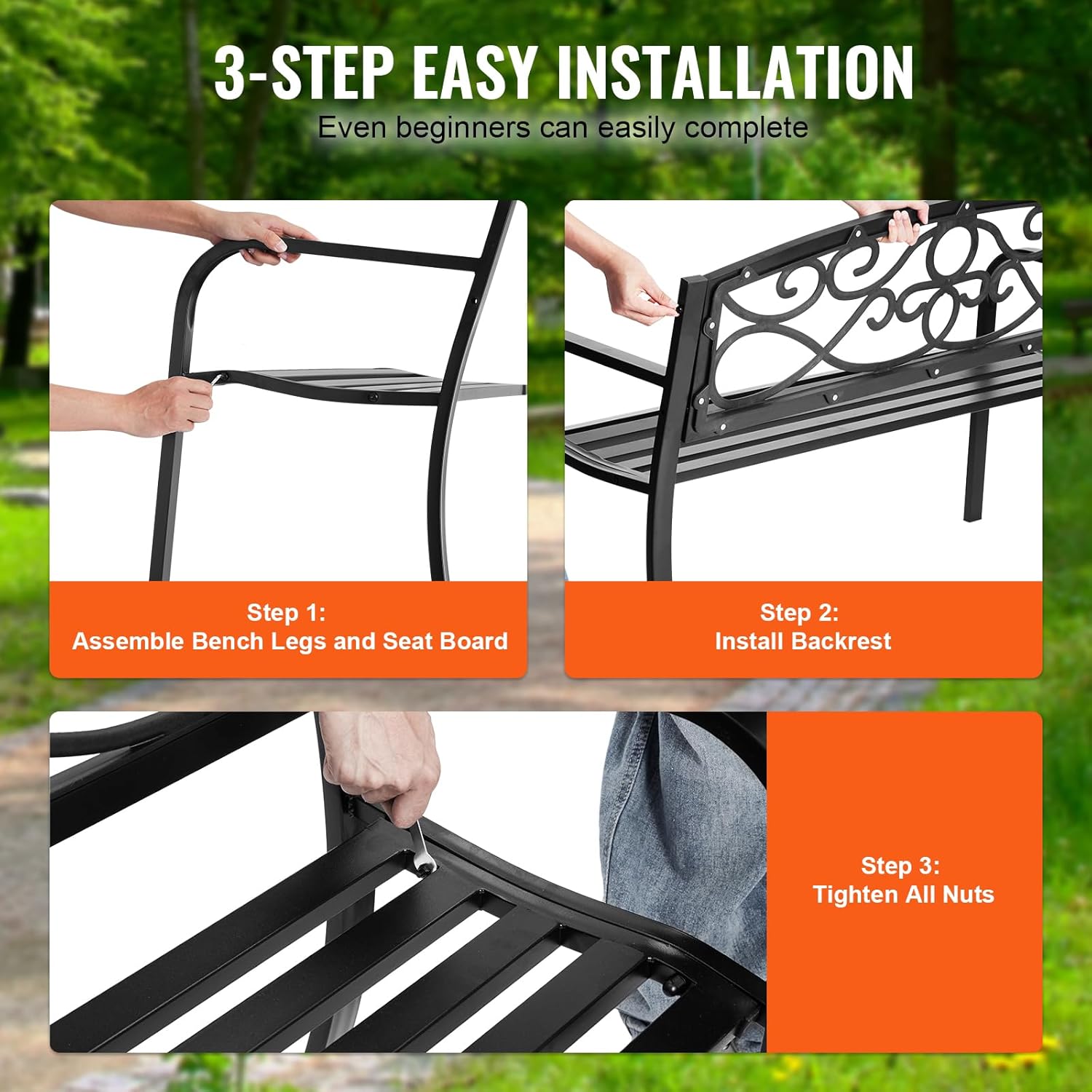 Metal Garden Bench 50in Outdoor Patio Seat with Backrest Armrests
