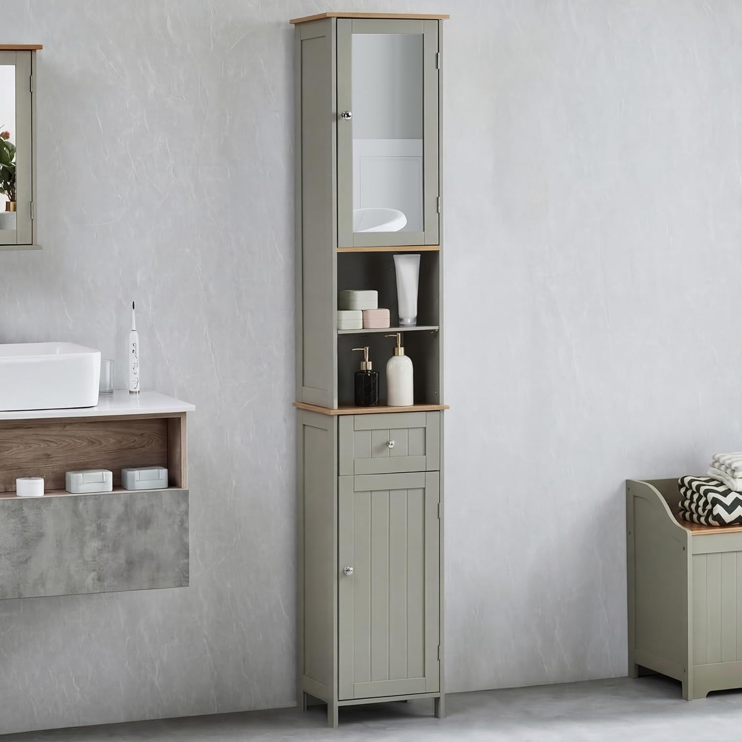 Tall Mirrored Bathroom Cabinet Grey Oak 2 Door Drawer 190cm