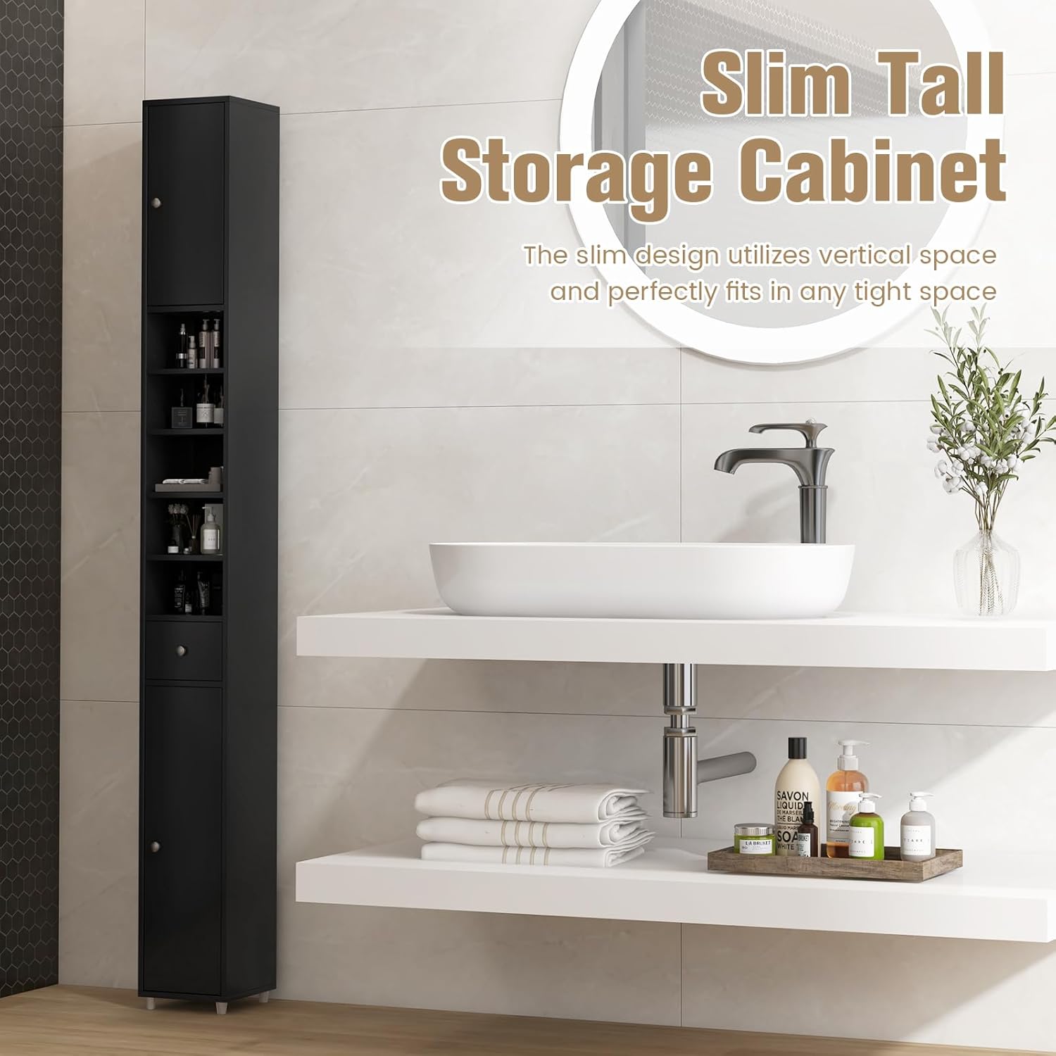 Tall Slim Storage Cabinet Black Drawer Adjustable Shelf Unit