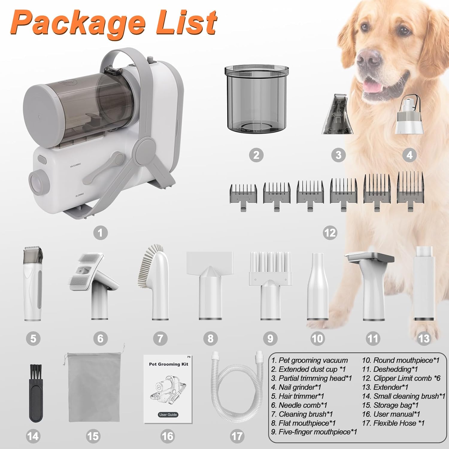 Pet Grooming Vacuum Kit 10 Tools Clipper Nail Grinder 2L White