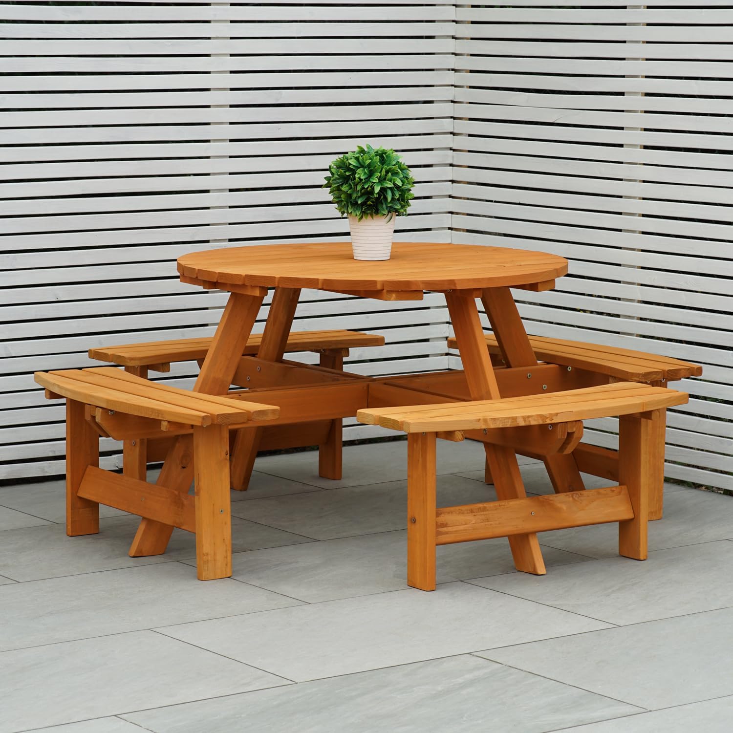 8 Seater Round Wooden Picnic Table with Benches Parasol Hole