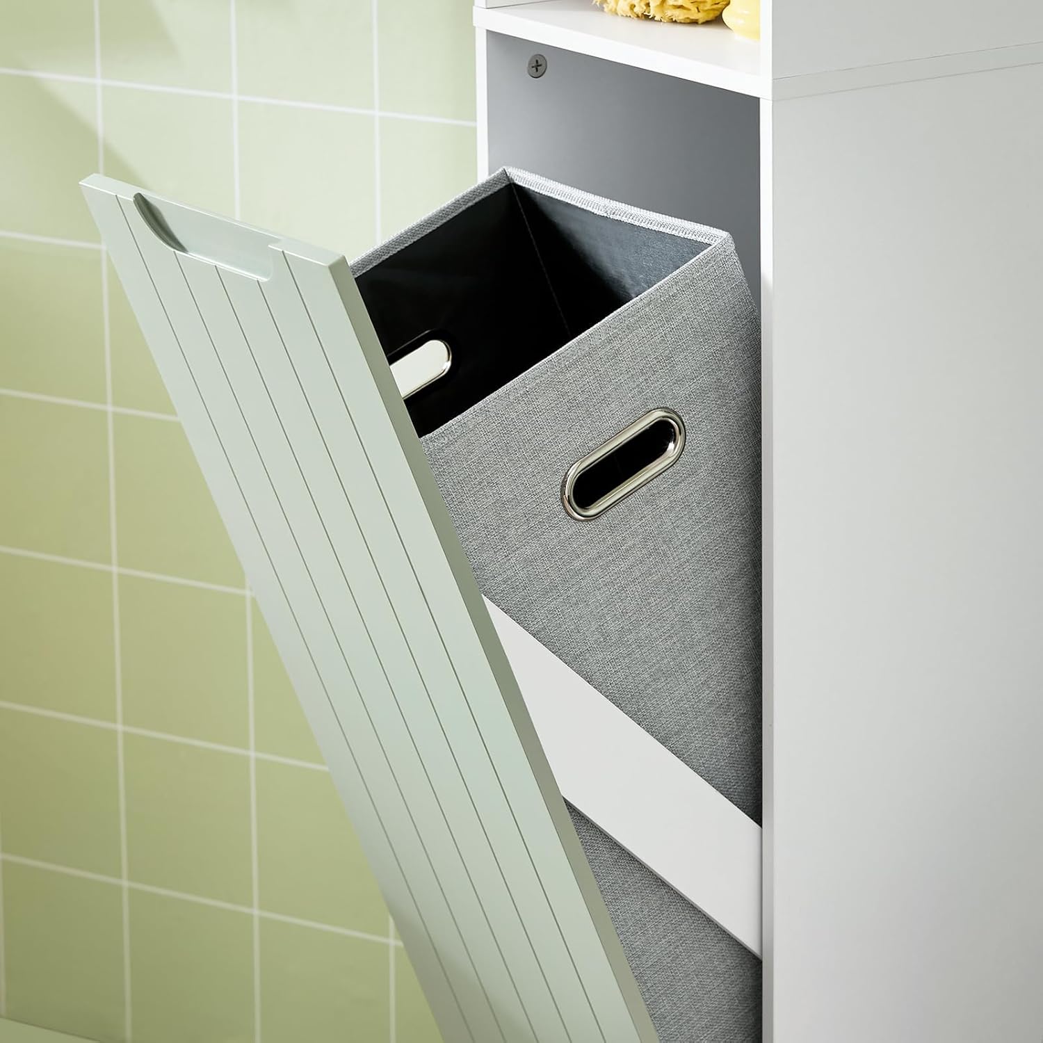 Slim Bathroom Tall Cabinet Laundry Bag Shelf Unit White Green