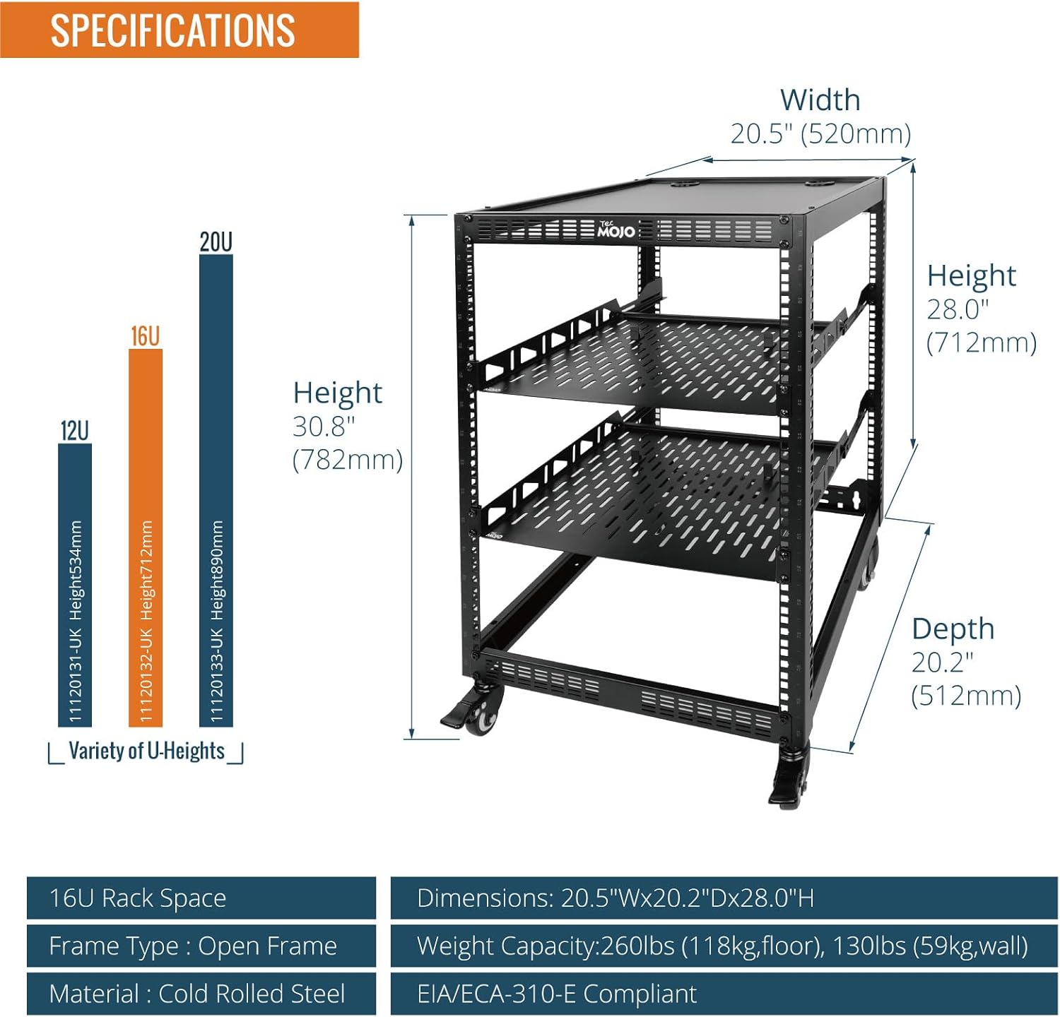16U Open Frame Mobile Server Rack 4 Post Black