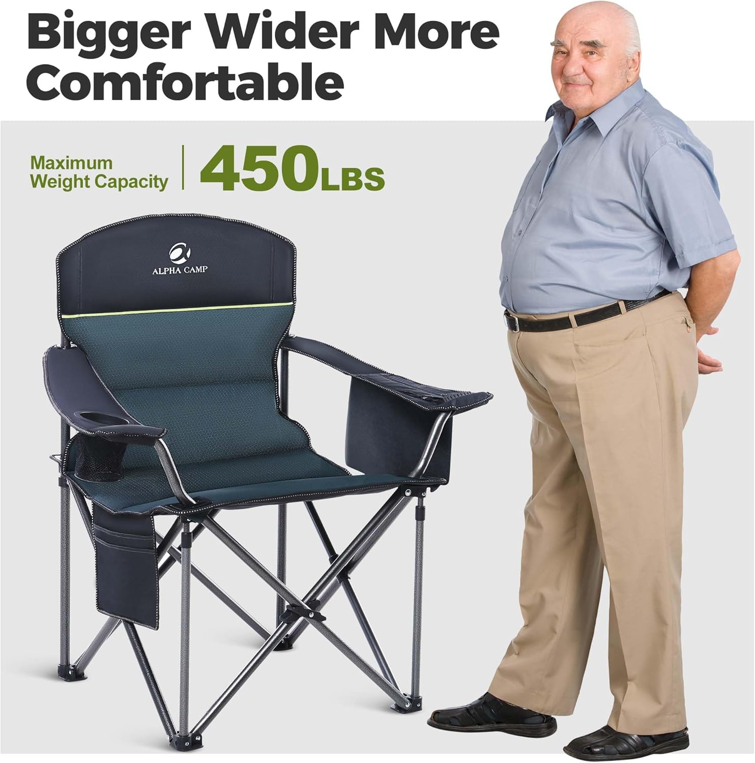 Set of 2 Heavy Duty Folding Camping Chairs 200kg Cooler Green