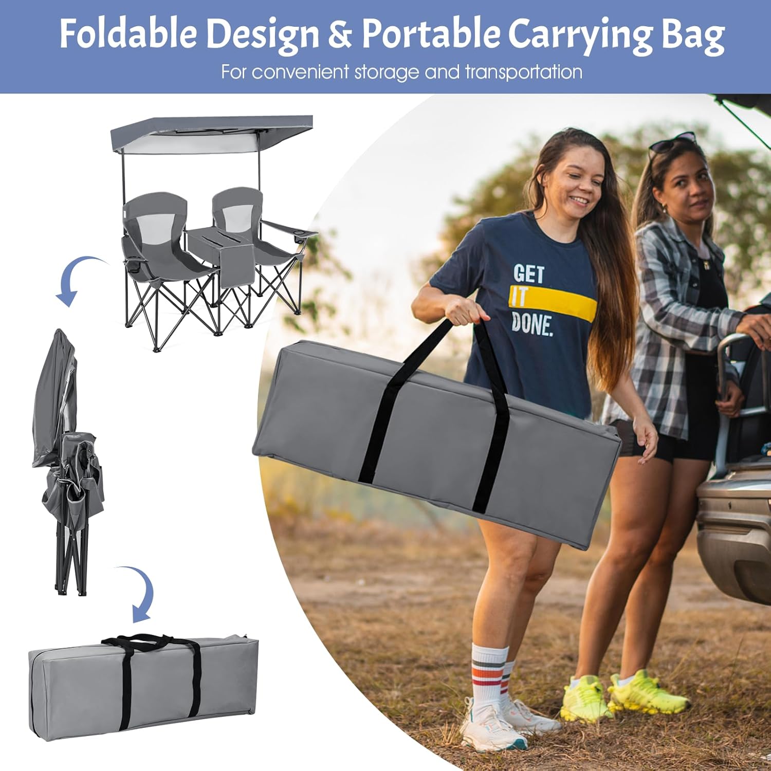 Double Camping Chair with Canopy Cooler Bag Cup Holders Grey