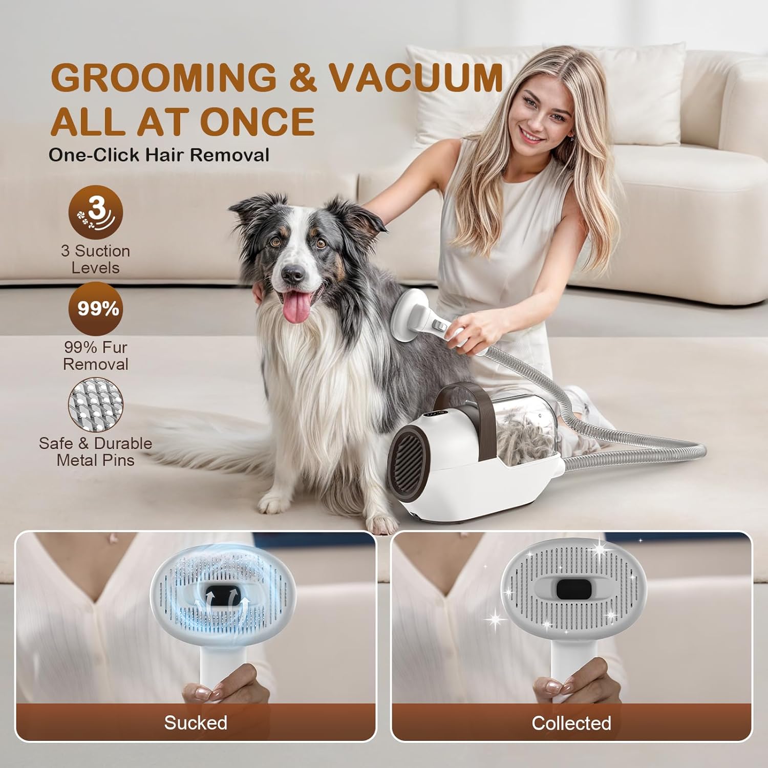 Dog Grooming Vacuum Kit 10000Pa 2L Nail Grinder Caramel