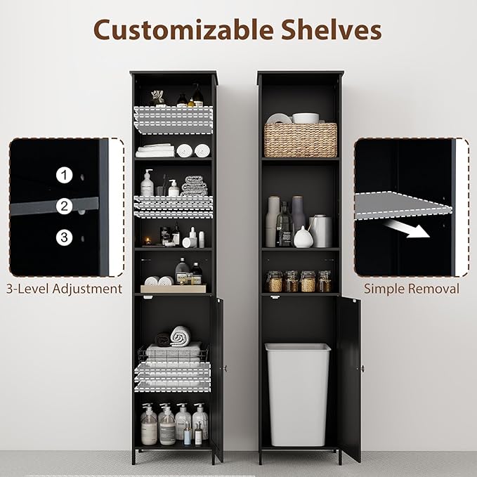 Tall Bathroom Storage Cabinet Black Adjustable Shelf Unit