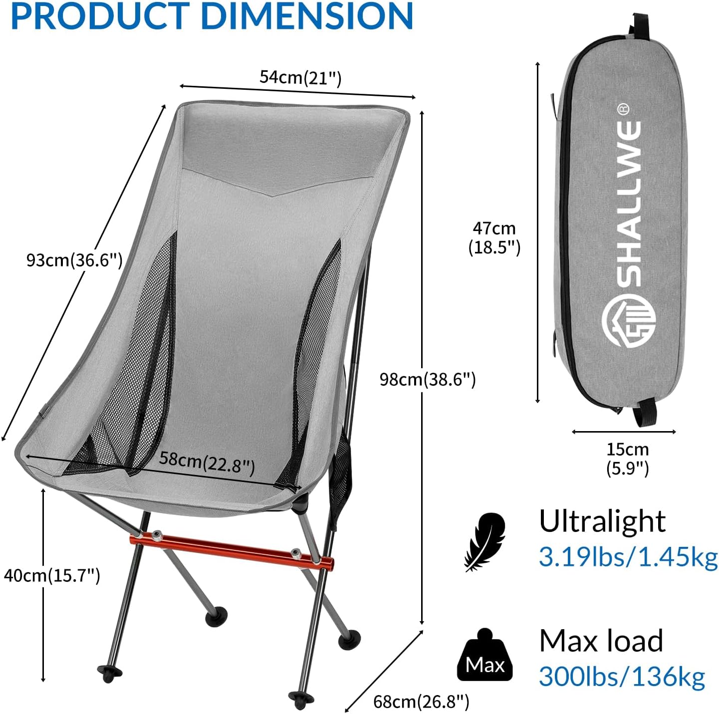 Ultralight High Back Camping Chair Foldable Silver