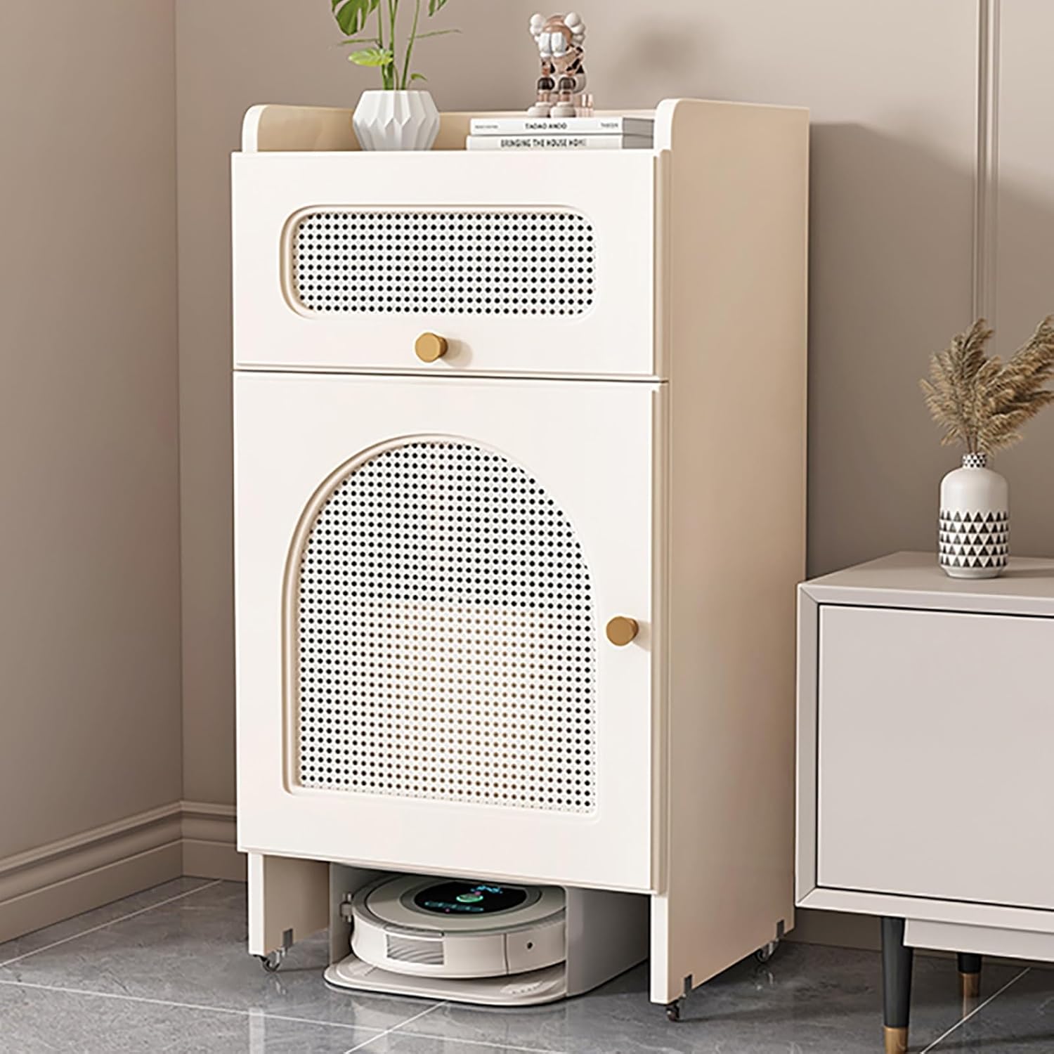 Robot Vacuum Storage Cabinet Side Table w Wheels Doors 75cm