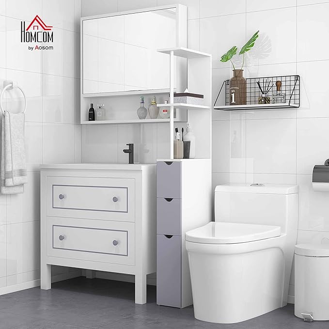 Slim Tall Bathroom Storage Cabinet 2 Drawers Shelves White Grey