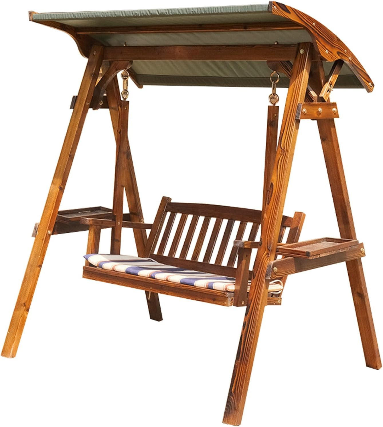 Solid Teak Wood Swing Bench Canopy Side Tables Brown