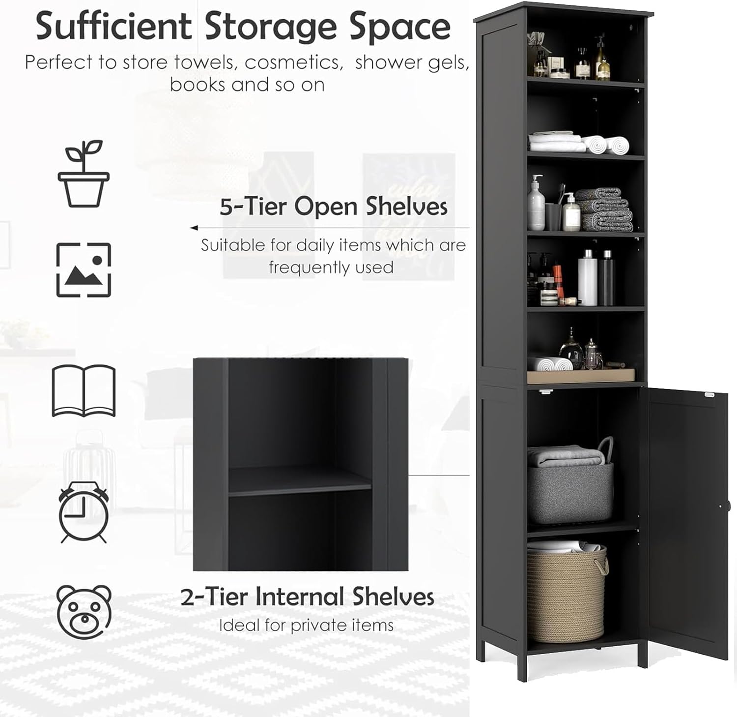 Slim Tall Bathroom Storage Cabinet 5 Shelf Cupboard Black