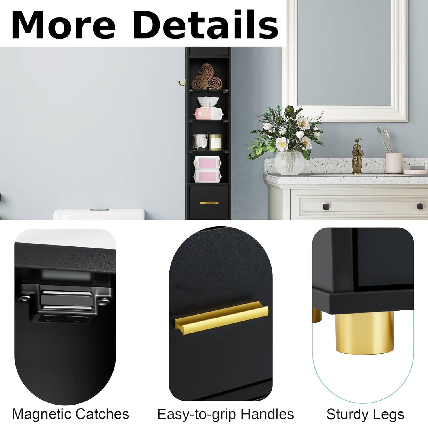 Tall Slim Storage Cabinet Black LED Shelf Hook Unit