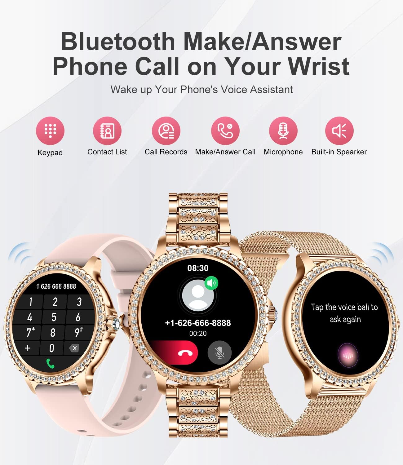 Womens Smart Watch Bluetooth Calling Fitness Tracker Rose Gold