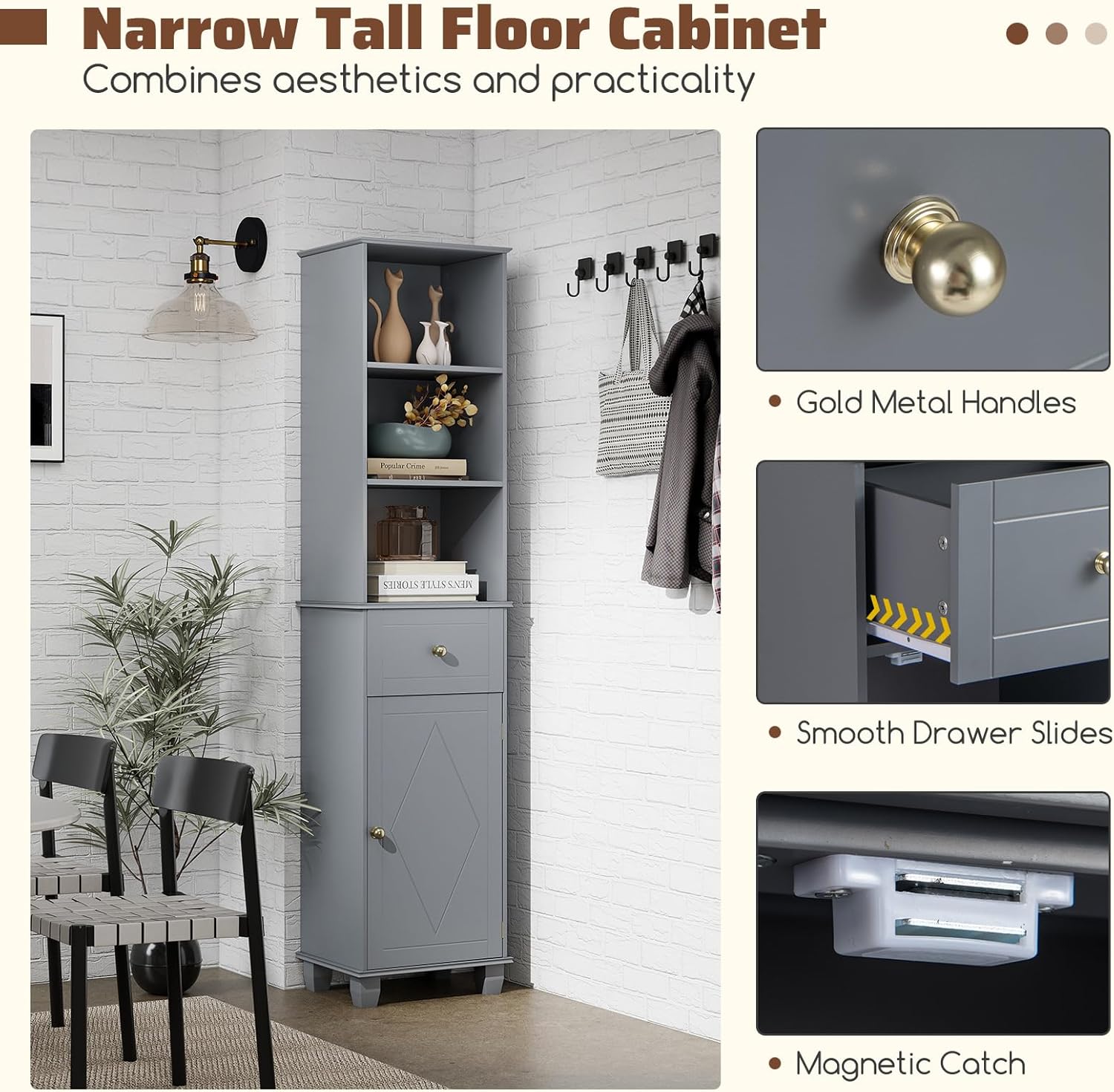 Tall Slim Storage Cabinet Grey Drawer Shelves Door Unit
