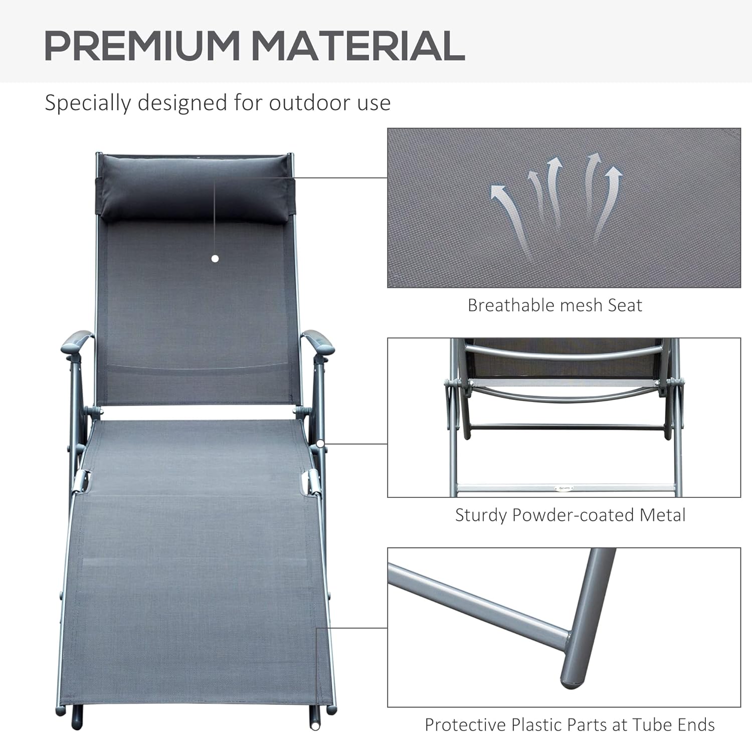 7 Level Folding Sun Lounger Recliner with Headrest Grey