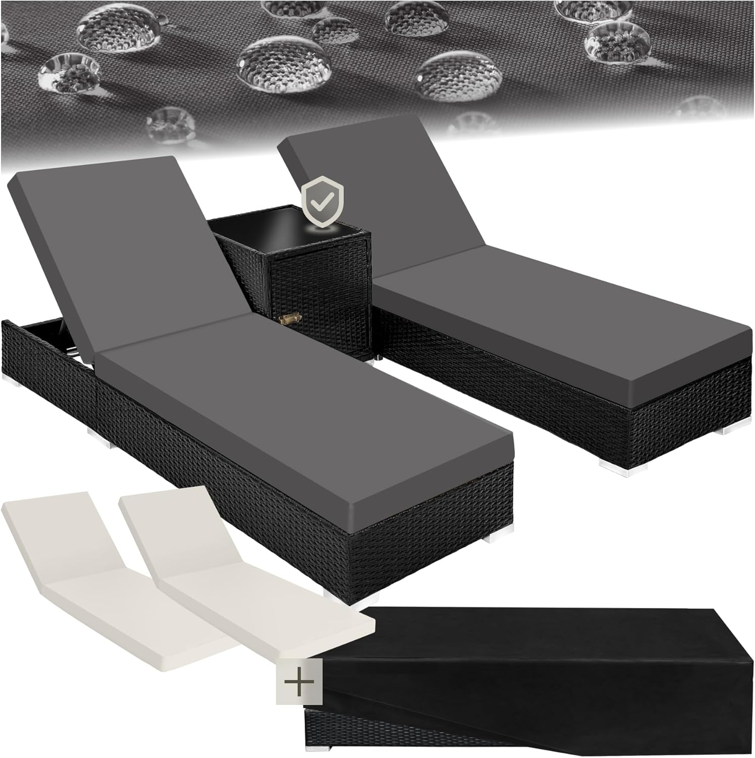 3 Piece Rattan Sun Lounger Set Recliners Table Black