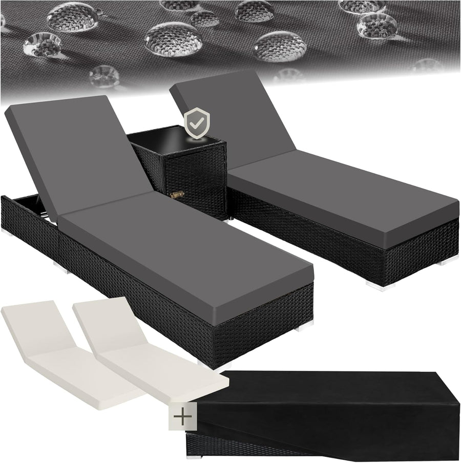 3 Piece Rattan Sun Lounger Set Recliners Table Black