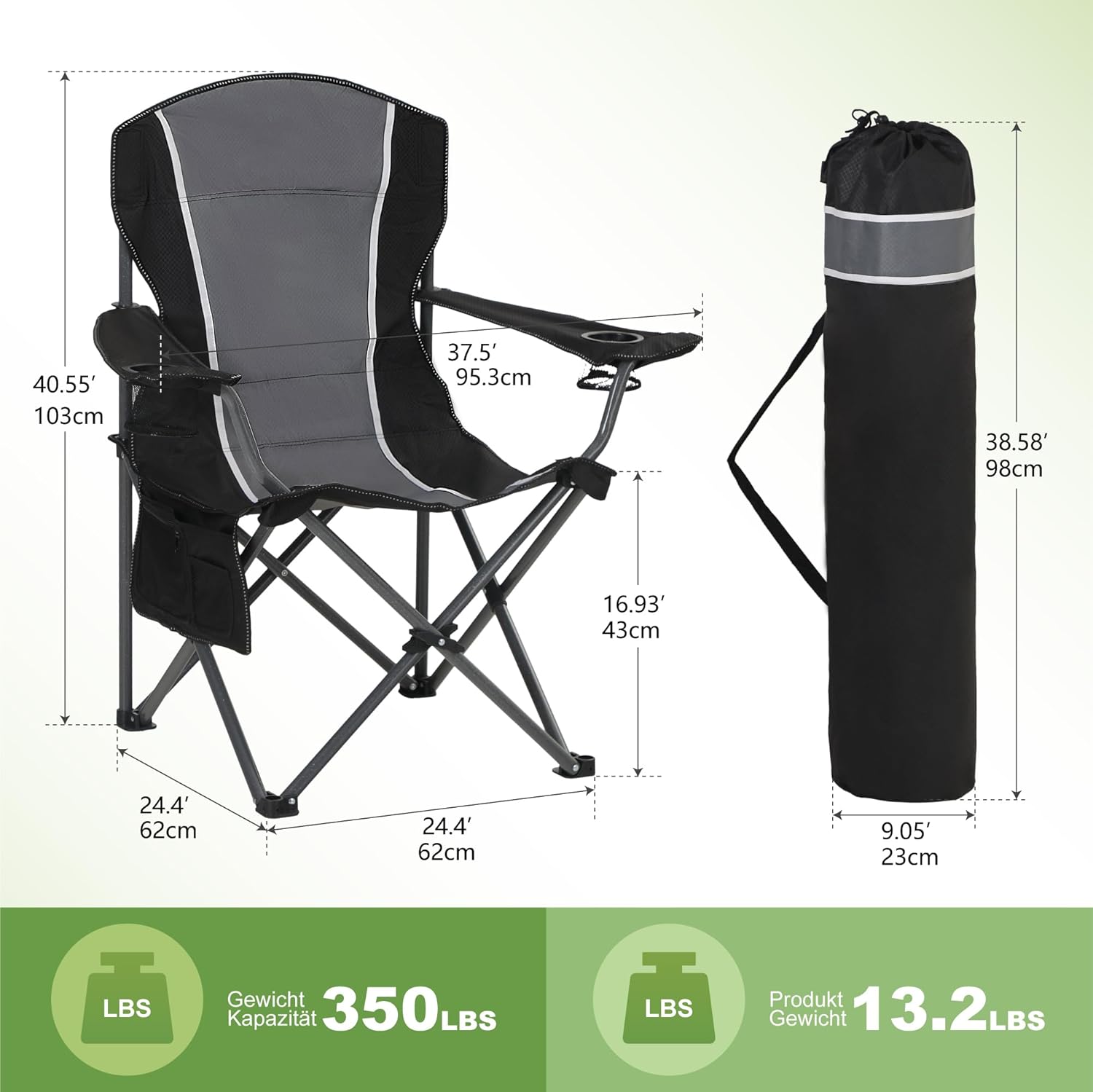 XL Folding Camping Chair Heavy Duty 160KG Black