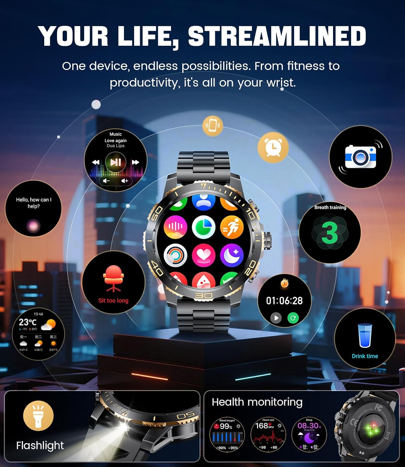 Mens AMOLED Smart Watch Call LED Flash 110 Sports