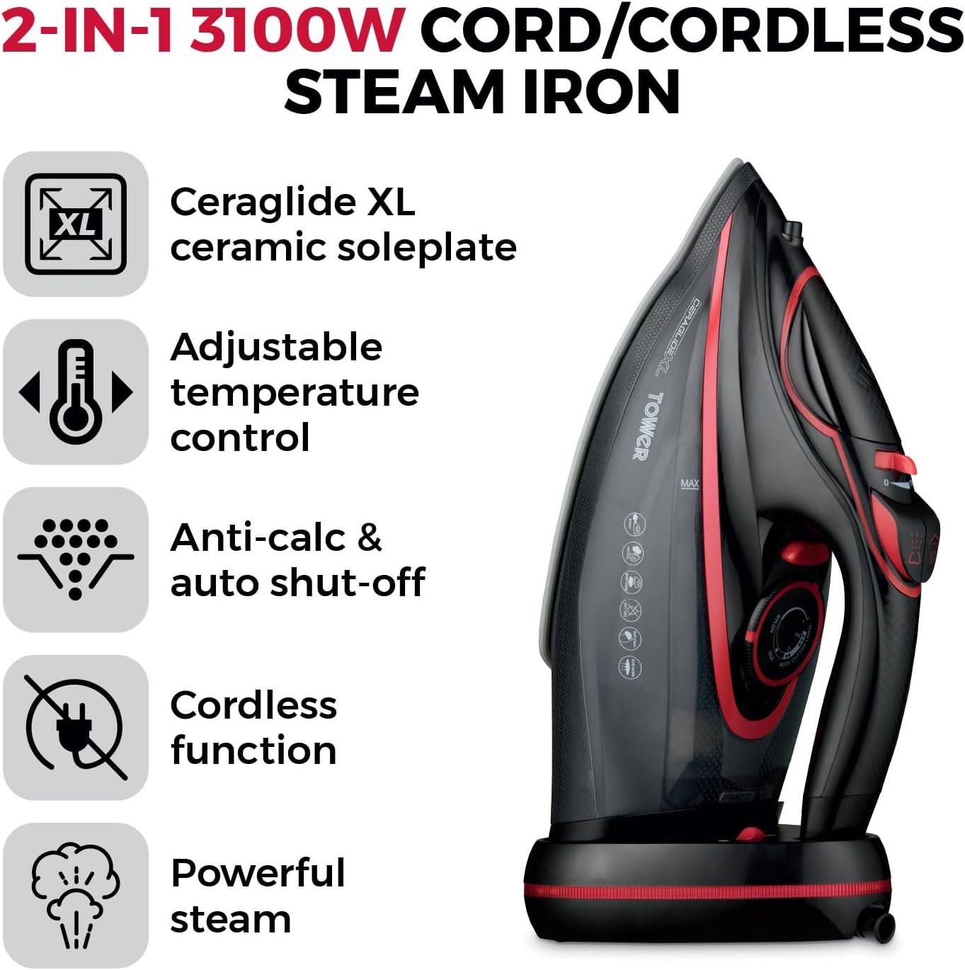 3100W Cordless Steam Iron Ceramic Soleplate 350ml Tank Auto Shutoff