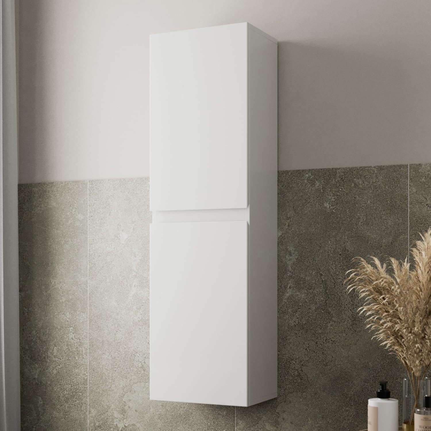 Wall Mounted Tall Bathroom Cabinet White Gloss 2 Door