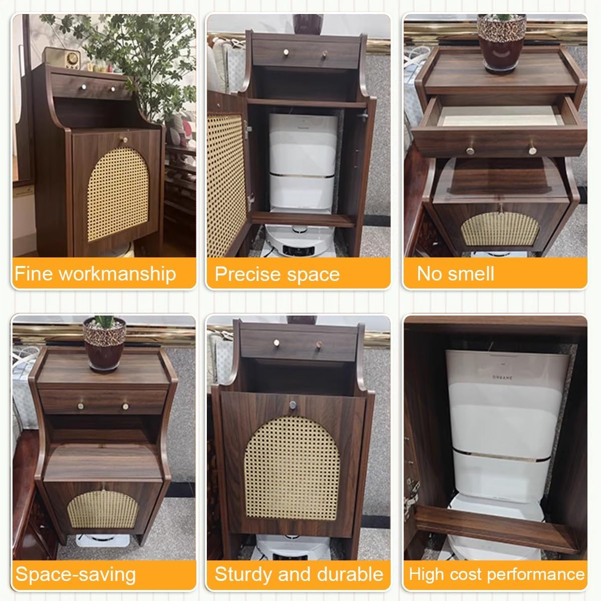 Robot Vacuum Storage Cabinet Yellow Mobile Organizer Drawer Rattan Door