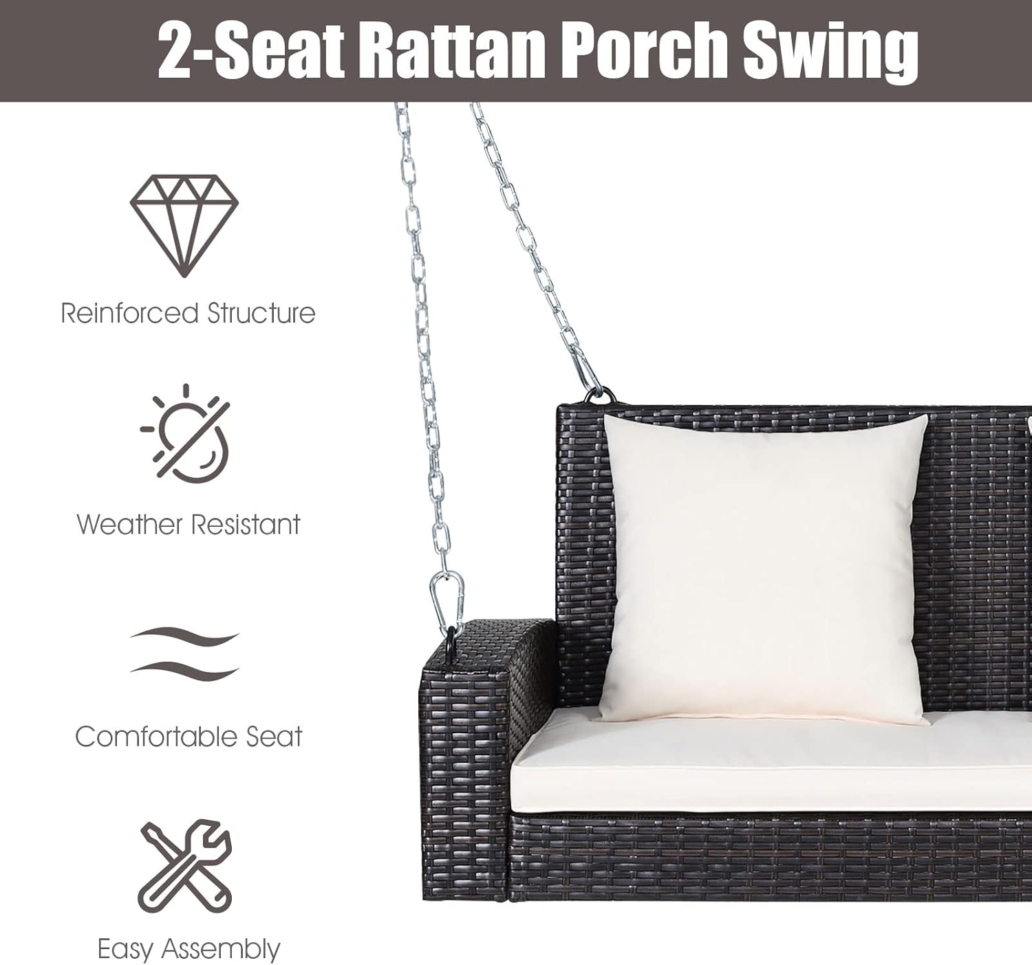 White Rattan 2 Seater Porch Swing Chair Cushions
