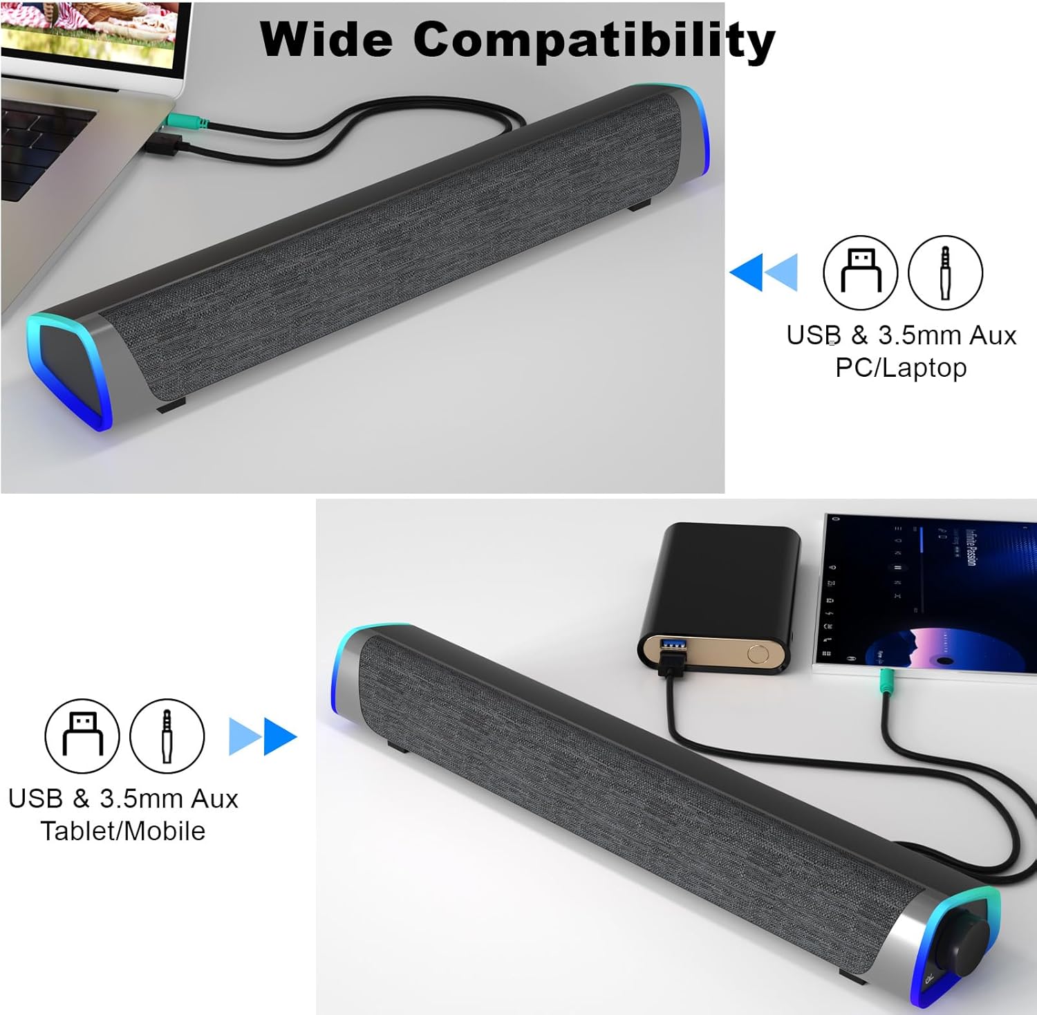 USB Computer Soundbar Speakers RGB LED Desktop PC Laptop