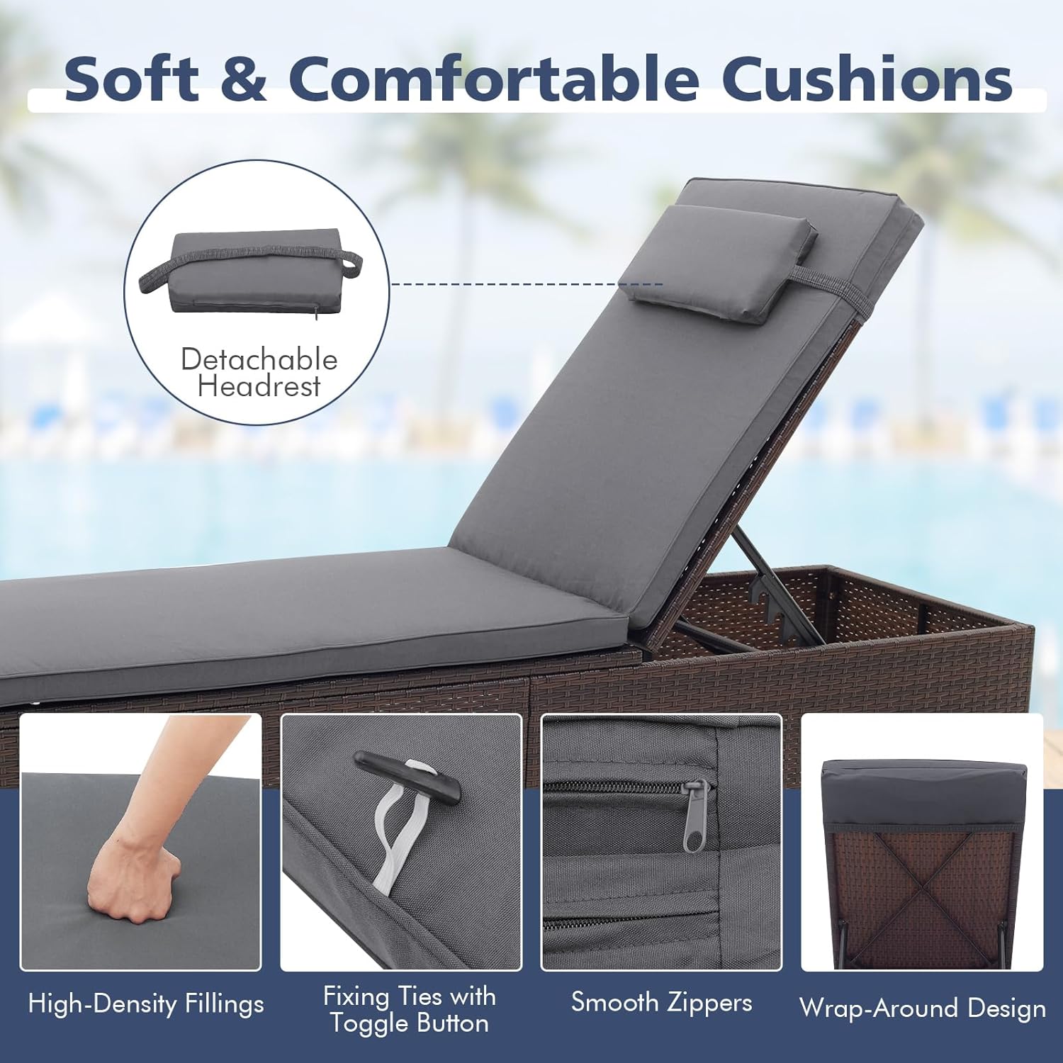 Rattan Sun Lounger 6 Level Recliner with Table Grey