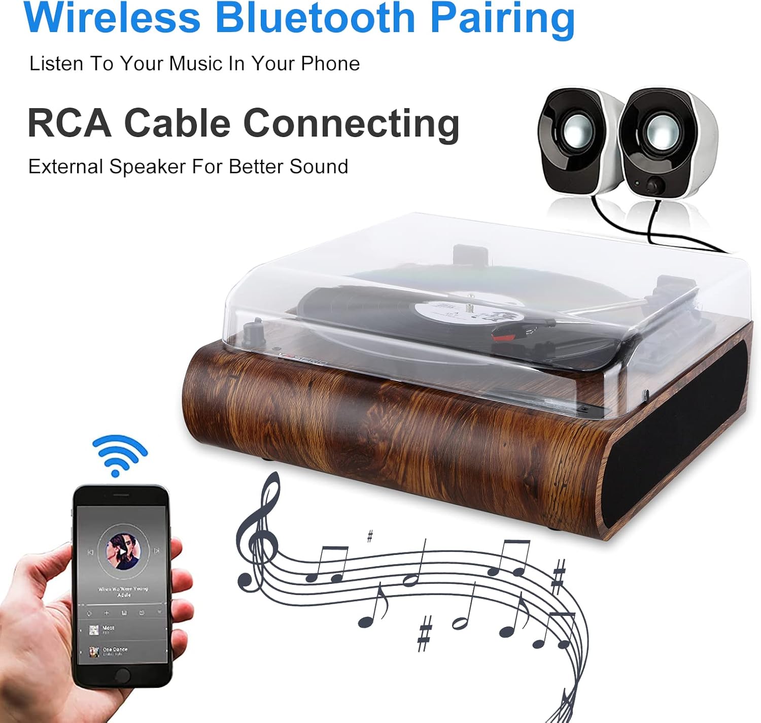 Bluetooth Record Player 3 Speed FM Radio USB SD Recording