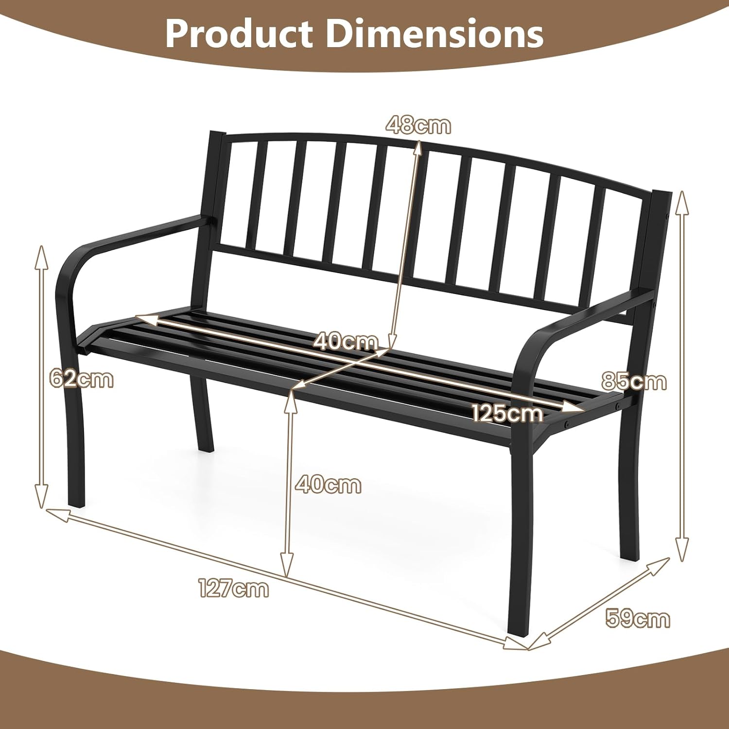 Metal Garden Bench 2-3 Seater Slatted Patio Park Seat